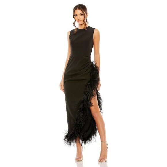 NWT‎ Mac Duggal 11626 Sleeveless Faux Wrap Dress Feather Detail Black 2 - Picture 1 of 9
